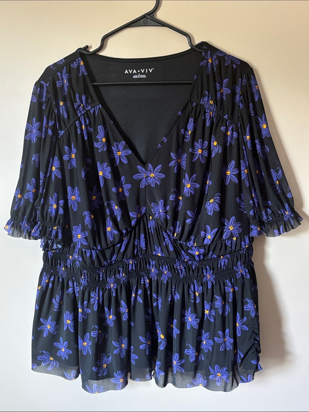 Ava & Viv Black Wrap Peplum Top with Purple and Yellow Floral Print